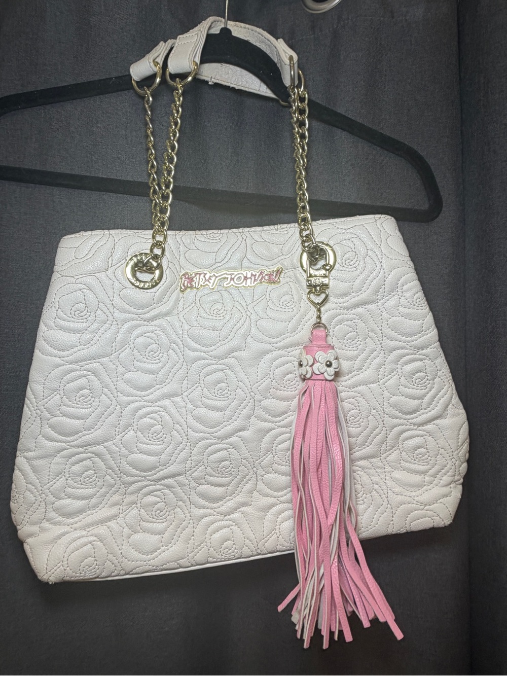 Betsey Johnson top handle White Quilted Rose Tote with Pink Tassel Charm